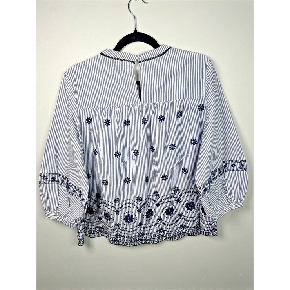 Crown & Ivy Large Womens Top Peasant 3/4 Sleeve Blue Stripe Embroidered Boho - Picture 6 of 16